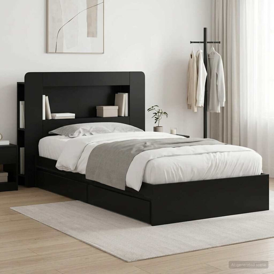 vidaXL Bedframe met opslag met lade Zwart 90 x 190 cm Bewerkt hout vidaXL Bedframe met opslag met lade Zwart 90 x 190 cm Bewerkt hout afbeelding 1