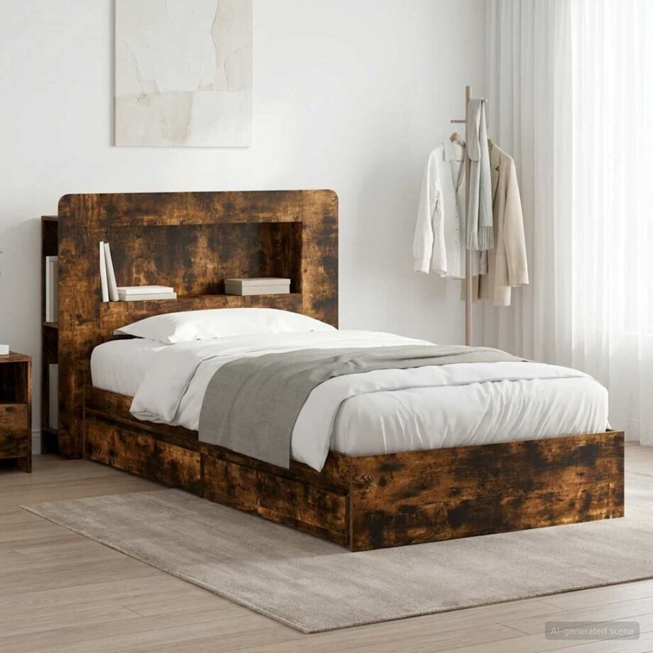 vidaXL Bedframe met opslag Gerookt eiken 90 x 190 cm Bewerkt hout afbeelding 1