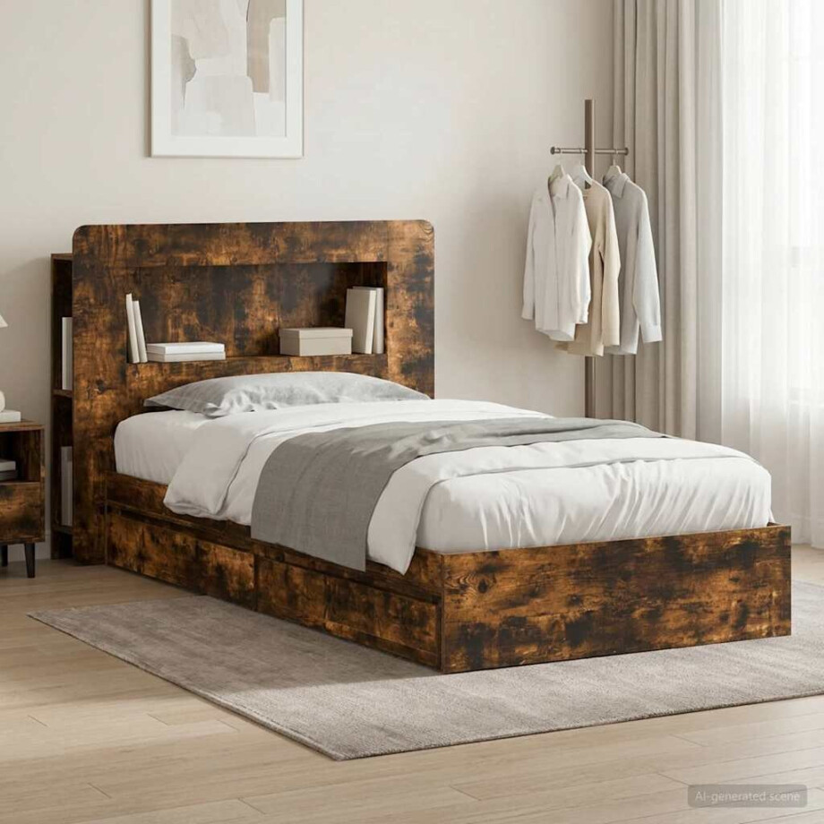 vidaXL Bedframe met opslag Gerookt eiken 100 x 200 cm Bewerkt hout vidaXL Bedframe met opslag Gerookt eiken 100 x 200 cm Bewerkt hout afbeelding 1