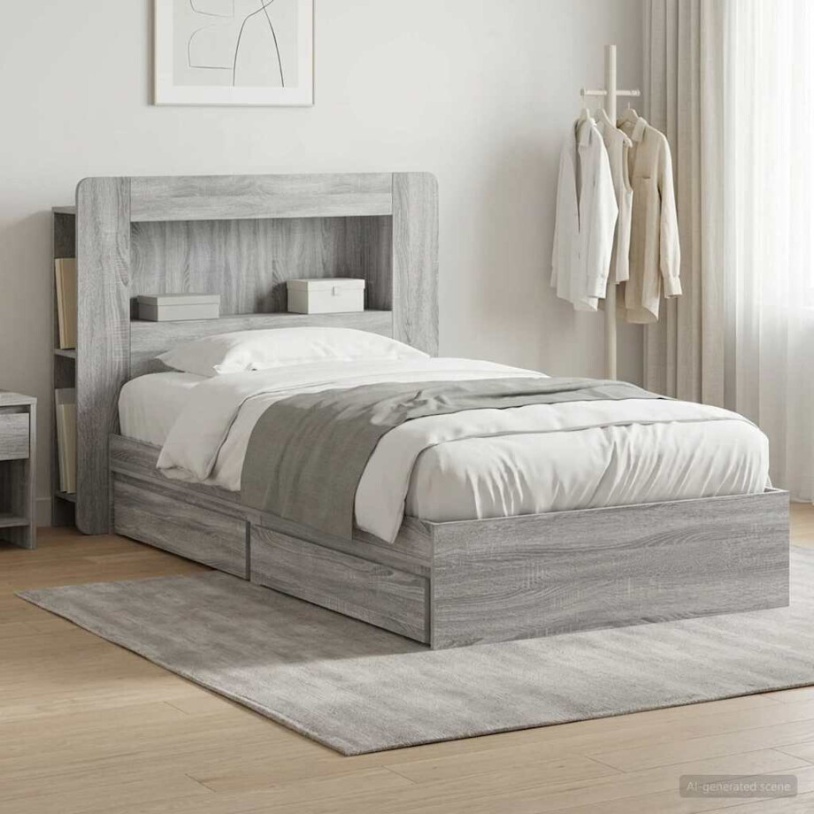 vidaXL Bedframe met opslag Grijs Sonoma 90 x 200 cm Bewerkt hout afbeelding 1