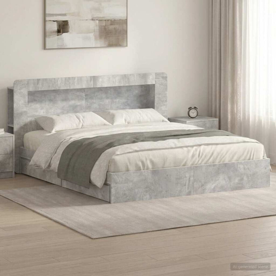 vidaXL Bedframe met opslag Betongrijs 200 x 200 cm Bewerkt hout afbeelding 1