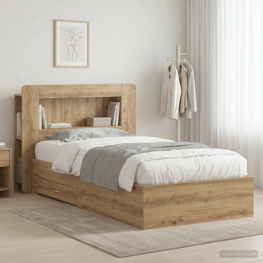 vidaXL Bedframe met opslag Artisanaal eiken 90 x 190 cm Bewerkt hout afbeelding 1