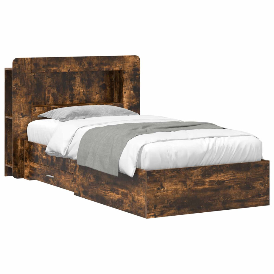 vidaXL Bedframe met opslag Gerookt eiken 90 x 190 cm Bewerkt hout afbeelding 1