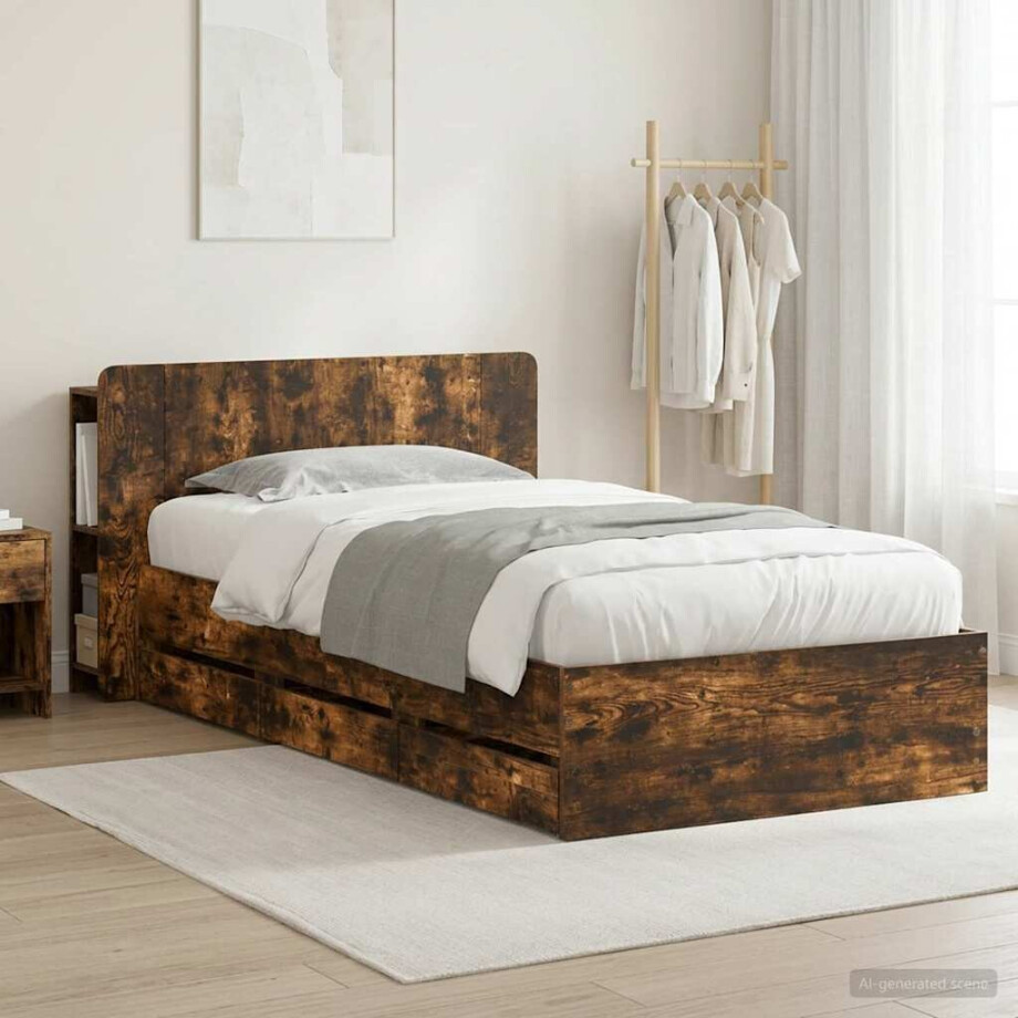 vidaXL Bedframe met opslag Gerookt eiken 90 x 190 cm Bewerkt hout afbeelding 1