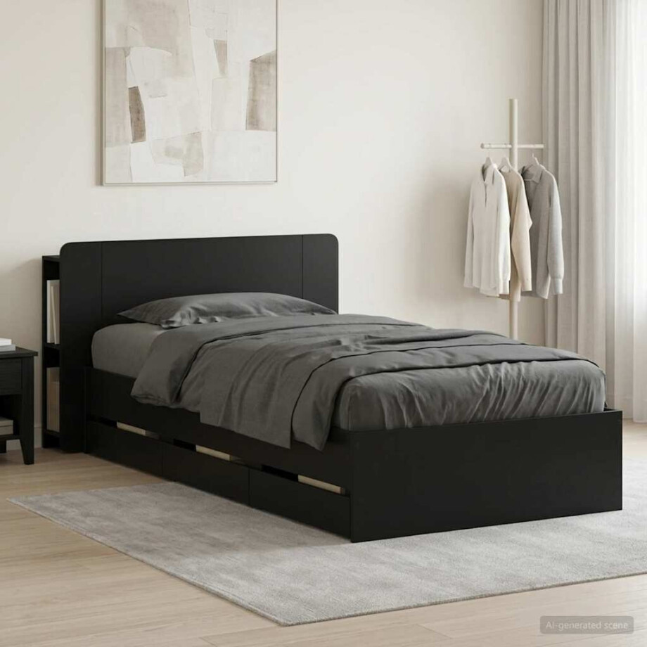 vidaXL Bedframe met opslag Zwart 100 x 200 cm Bewerkt hout afbeelding 1