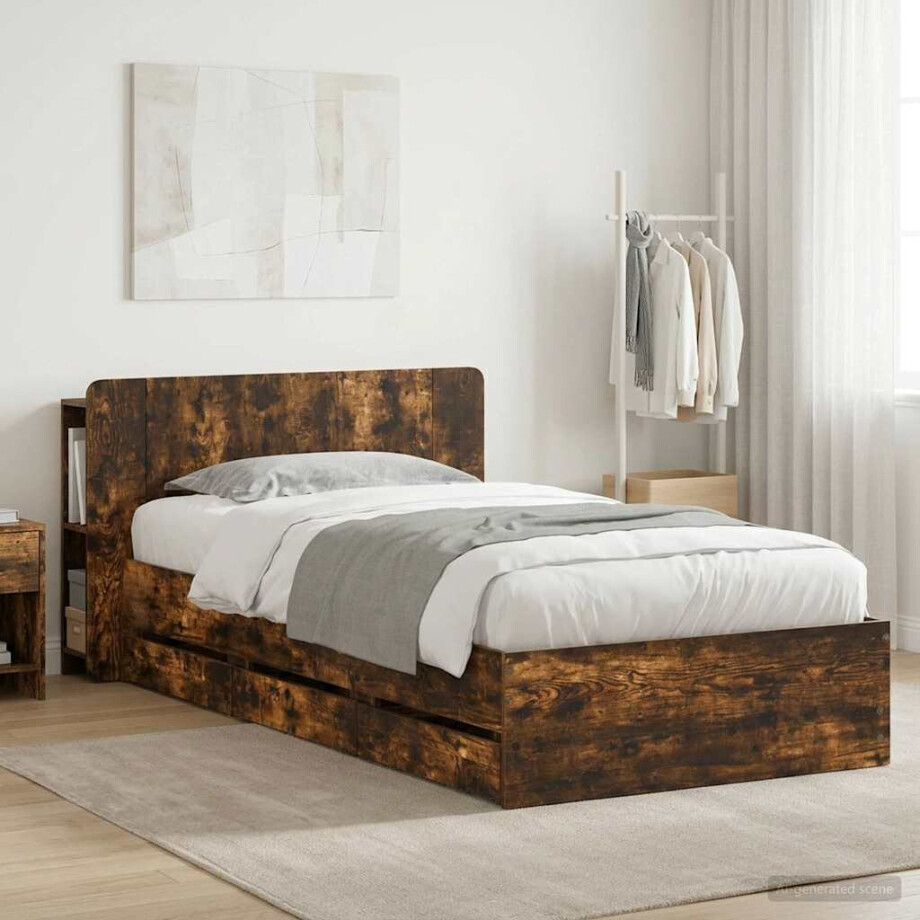 vidaXL Bedframe met opslag Gerookt eiken 100 x 200 cm Bewerkt hout vidaXL Bedframe met opslag Gerookt eiken 100 x 200 cm Bewerkt hout afbeelding 1