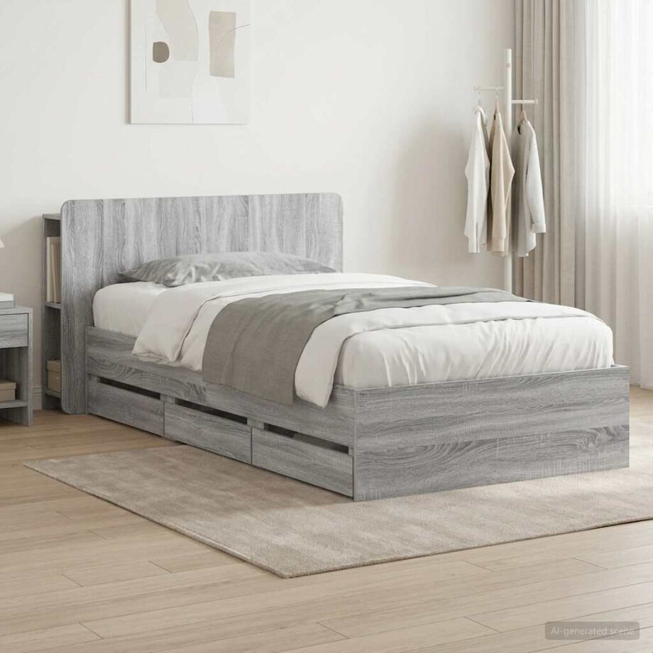 vidaXL Bedframe met opslag Grijs Sonoma 90 x 200 cm Bewerkt hout afbeelding 1