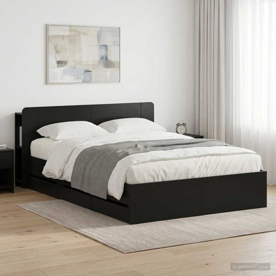 vidaXL Bedframe met opslag Zwart 150 x 200 cm Bewerkt hout afbeelding 1