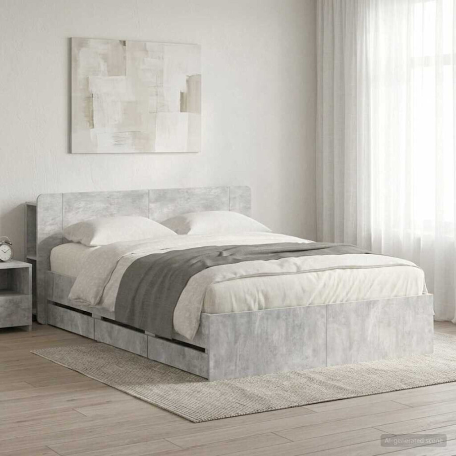 vidaXL Bedframe met opslag Betongrijs 150 x 200 cm Bewerkt hout afbeelding 1