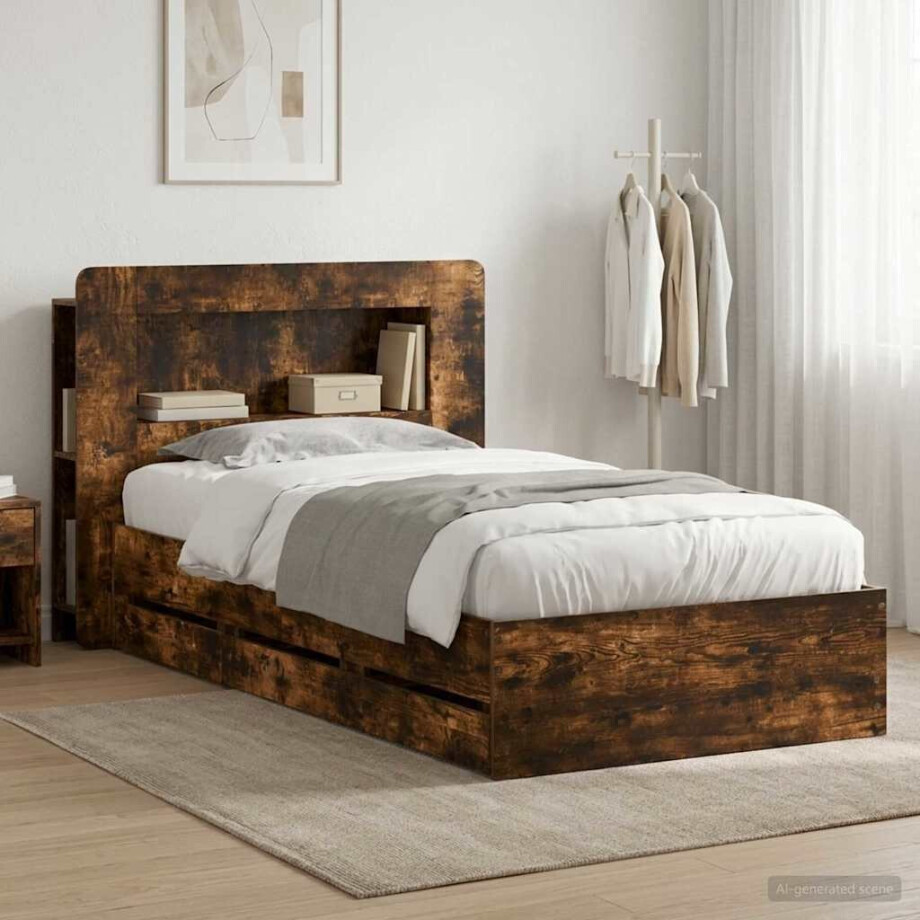 vidaXL Bedframe met opslag Gerookt eiken 90 x 190 cm Bewerkt hout afbeelding 1
