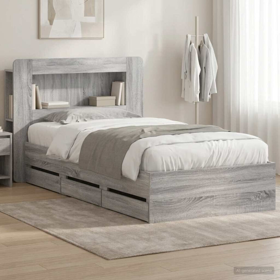 vidaXL Bedframe met opslag Grijs Sonoma 90 x 200 cm Bewerkt hout afbeelding 1
