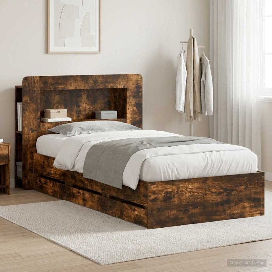 vidaXL Bedframe met opslag Gerookt eiken 90 x 200 cm Bewerkt hout afbeelding 1