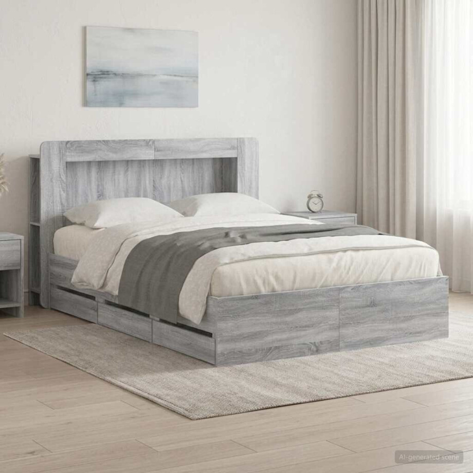 vidaXL Bedframe met opslag Grijs Sonoma 140 x 200 cm Bewerkt hout afbeelding 1
