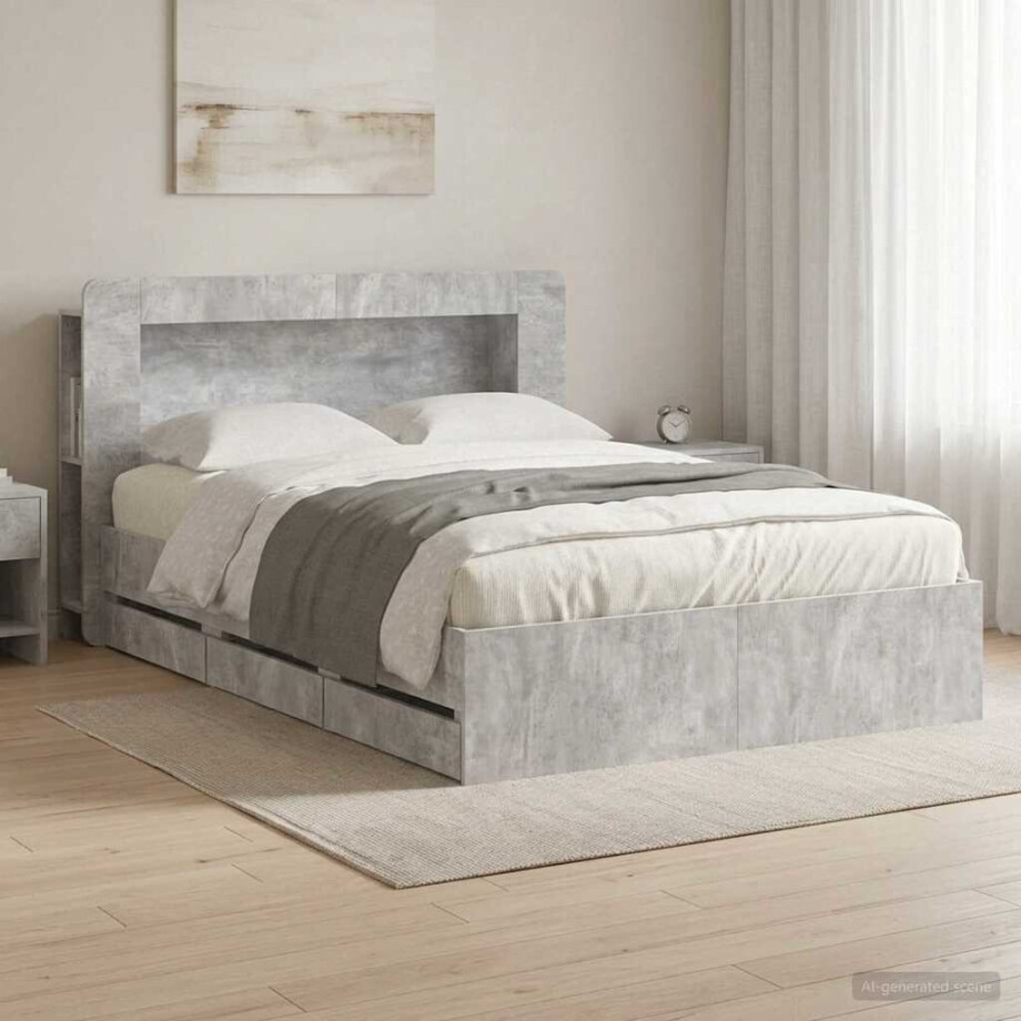 vidaXL Bedframe met opslag Betongrijs 150 x 200 cm Bewerkt hout afbeelding 1