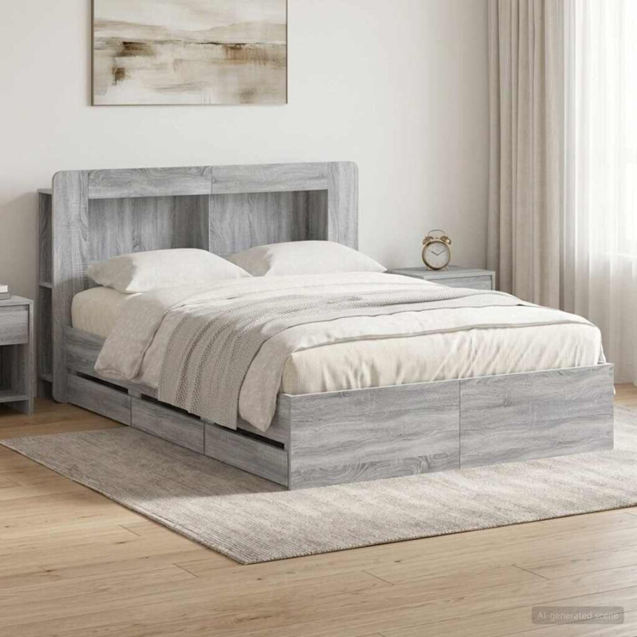 vidaXL Bedframe met opslag Grijs Sonoma 150 x 200 cm Bewerkt hout afbeelding 1
