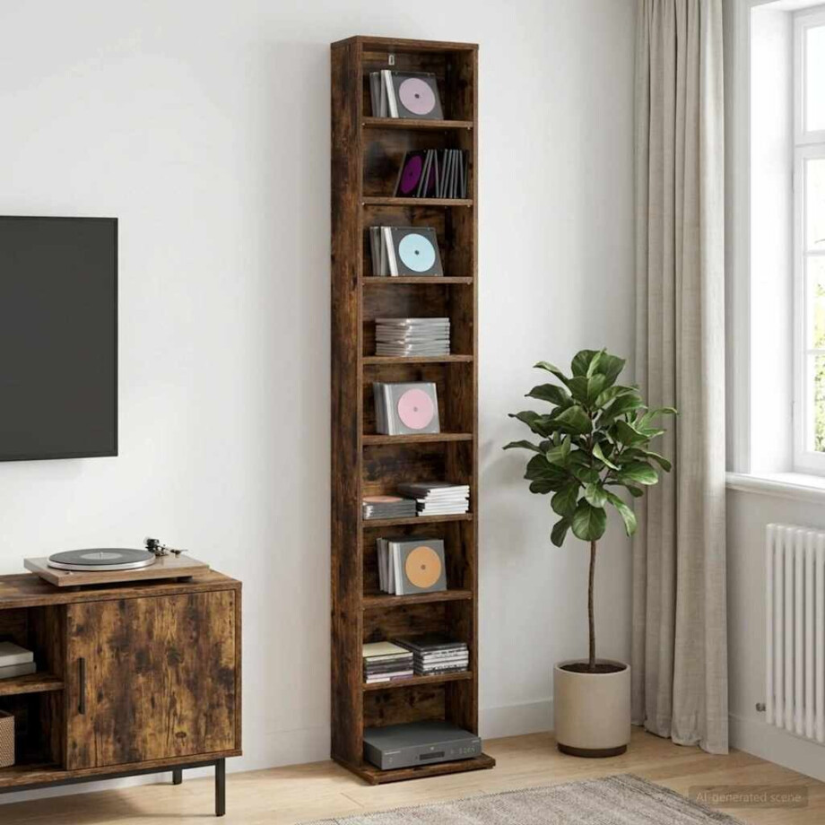 vidaXL CD Kast Gerookt eiken 33 x 23,5 x 175 cm Bewerkt hout vidaXL CD Kast Gerookt eiken 33 x 23,5 x 175 cm Bewerkt hout afbeelding 1