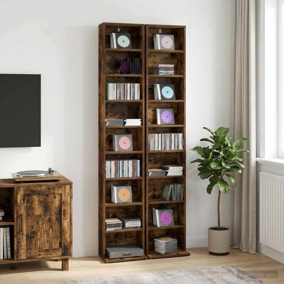 vidaXL CD Kast 2 st Gerookt eiken 33 x 23,5 x 175 cm Bewerkt hout afbeelding 1