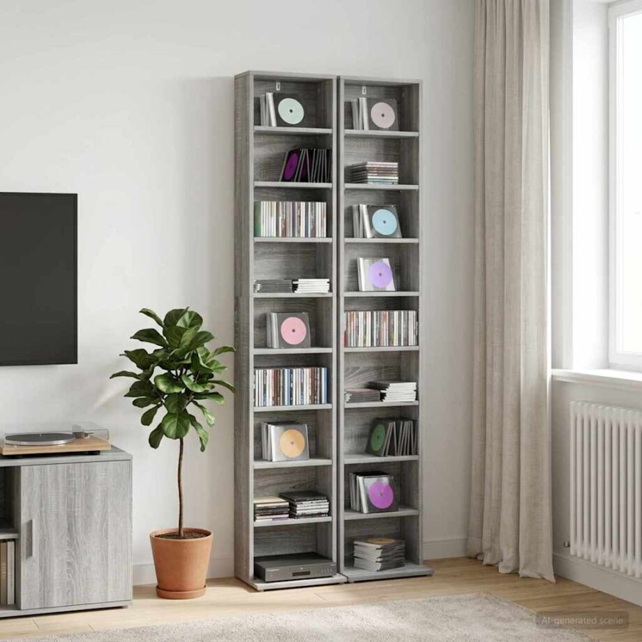 vidaXL CD Kast 2 st Grijs Sonoma 33 x 23,5 x 175 cm Bewerkt hout afbeelding 1