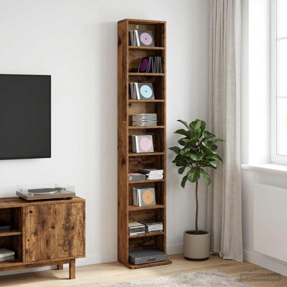 vidaXL CD Kast Oud hout 33 x 23,5 x 175 cm Bewerkt hout afbeelding 1