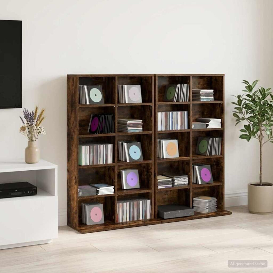 vidaXL CD Kast 2 st Gerookt eiken 65 x 23,5 x 97,5 cm Bewerkt hout afbeelding 1
