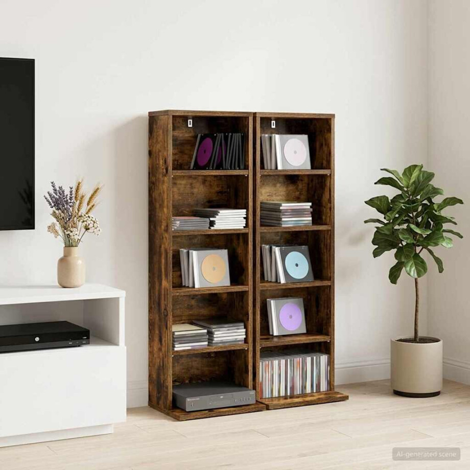 vidaXL CD Kast 2 st Gerookt eiken 33 x 23,5 x 97,5 cm Bewerkt hout afbeelding 1
