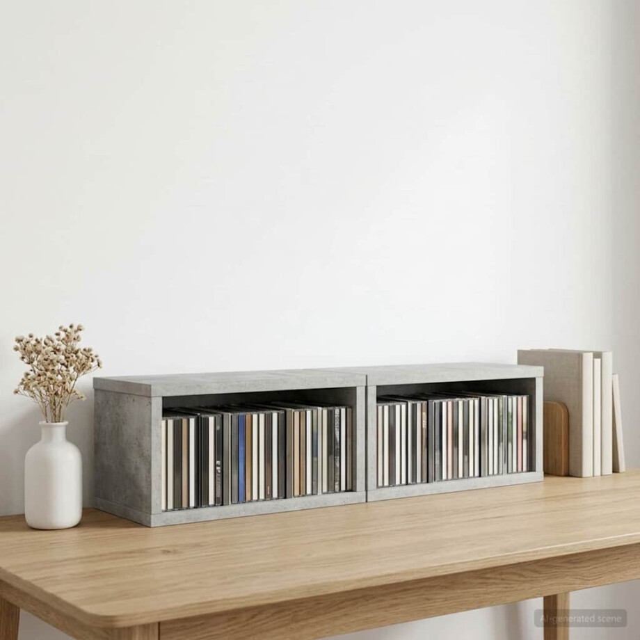 vidaXL CD Opslag Rek 2 st Betongrijs 40 x 17 x 17 cm Bewerkt hout afbeelding 1