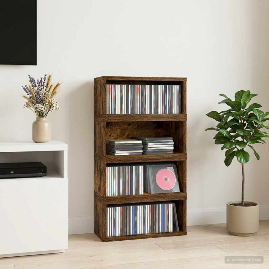 vidaXL CD Opslag Rek 4 st Gerookt eiken 40 x 17 x 17 cm Bewerkt hout afbeelding 1