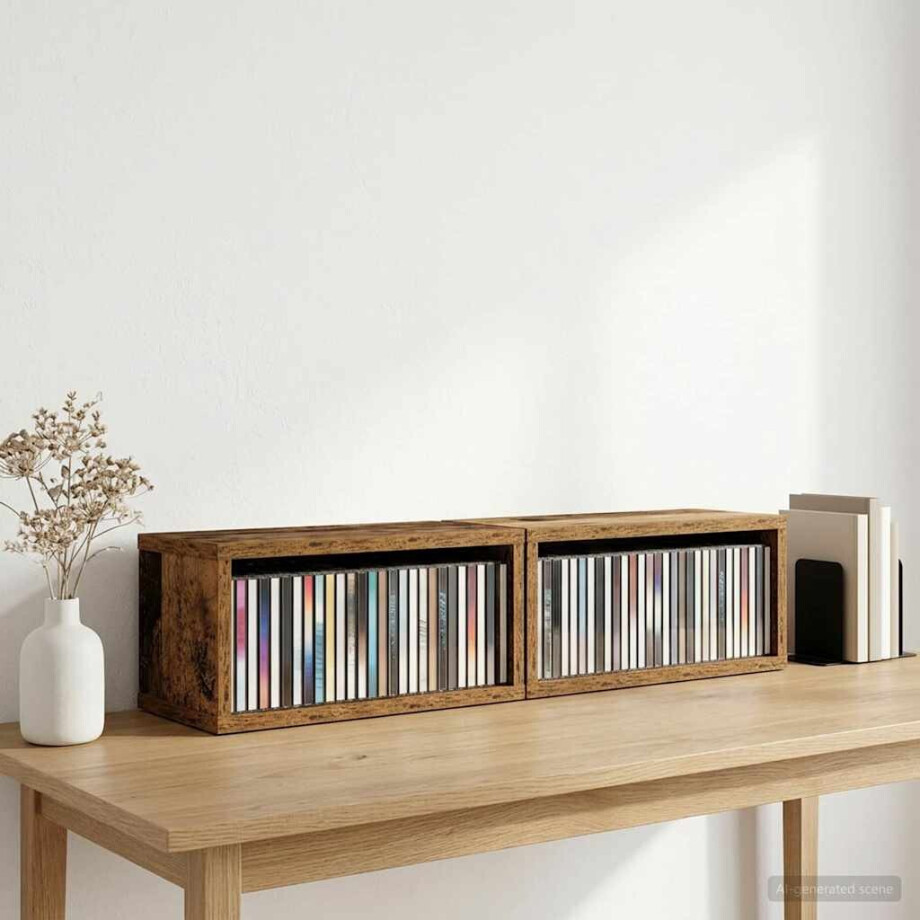 vidaXL CD Opslag Rek 2 st Oud hout 40 x 17 x 17 cm Bewerkt hout afbeelding 1