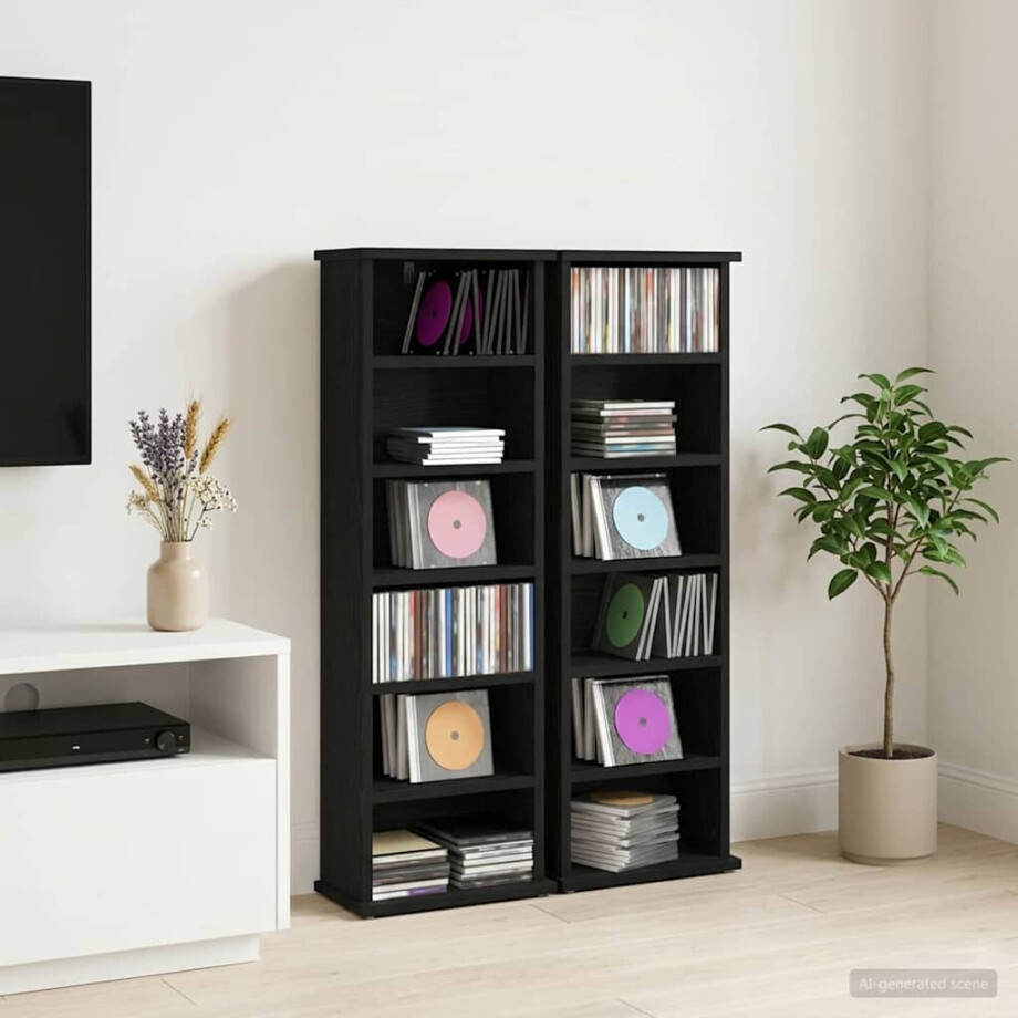 vidaXL CD Kast 2 st Zwart eiken 60 x 17 x 92 cm Bewerkt hout afbeelding 1