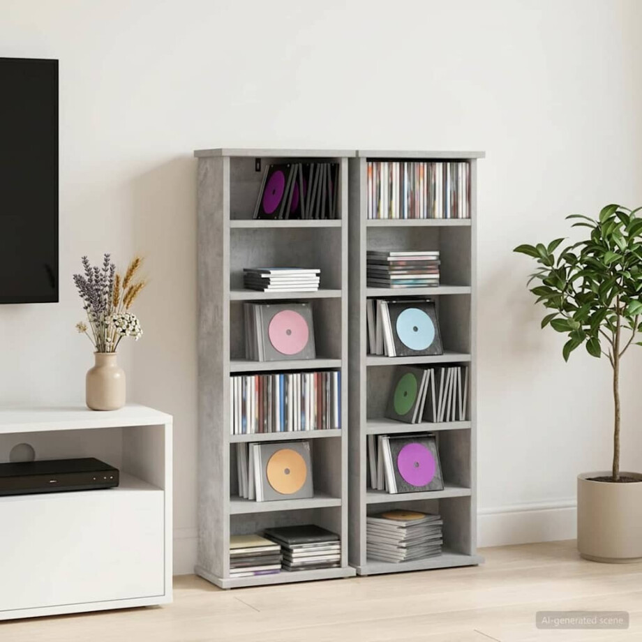 vidaXL CD Kast 2 st Betongrijs 60 x 17 x 92 cm Bewerkt hout afbeelding 1