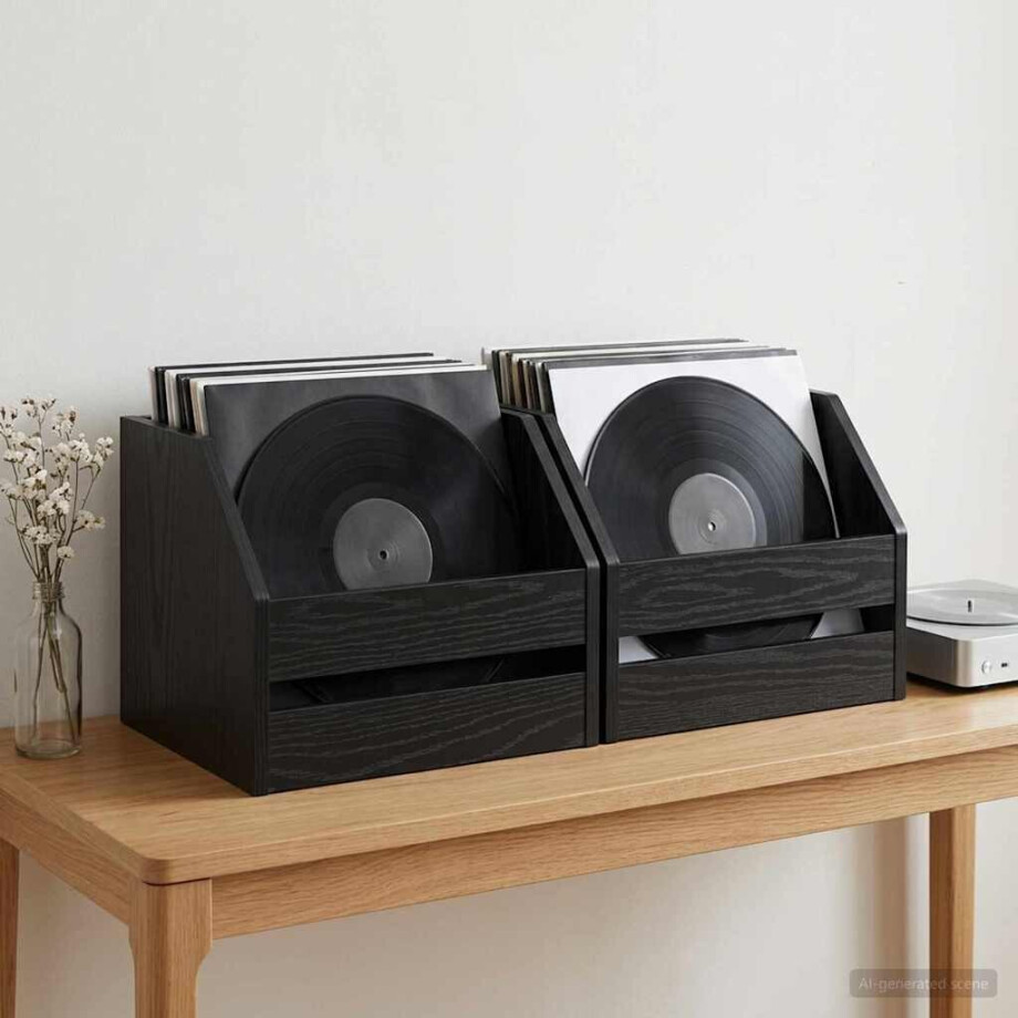 vidaXL Vinyl Album Doos 2 st Zwart eiken 38 x 30 x 29 cm Bewerkt hout afbeelding 1