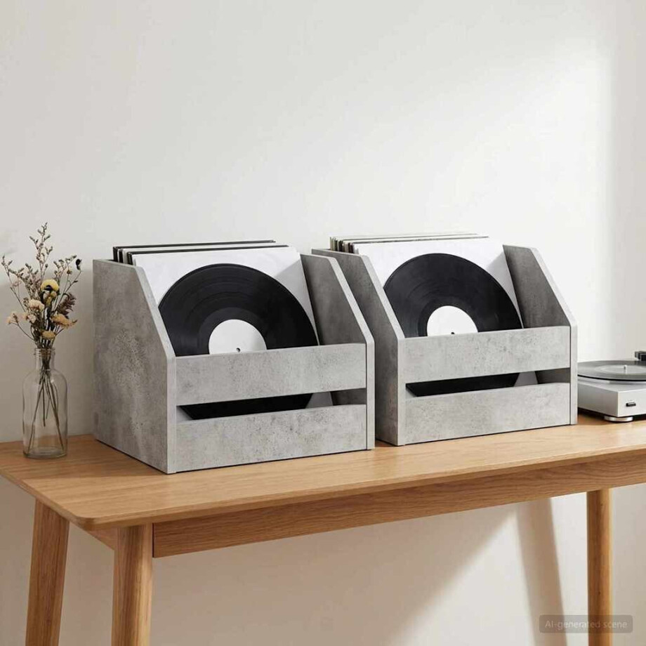 vidaXL Vinyl Album Doos 2 st Betongrijs 38 x 30 x 29 cm Bewerkt hout afbeelding 1