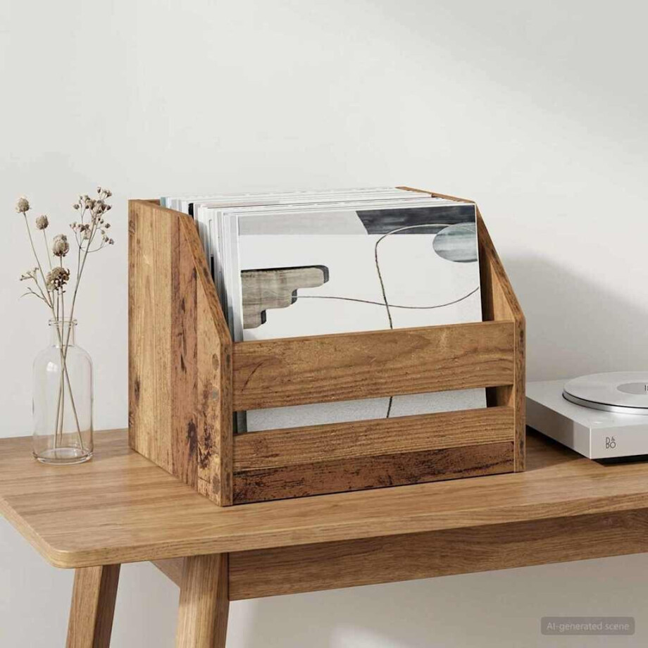 vidaXL Vinyl Album Doos Eikenhout 38 x 30 x 29 cm Bewerkt hout afbeelding 1