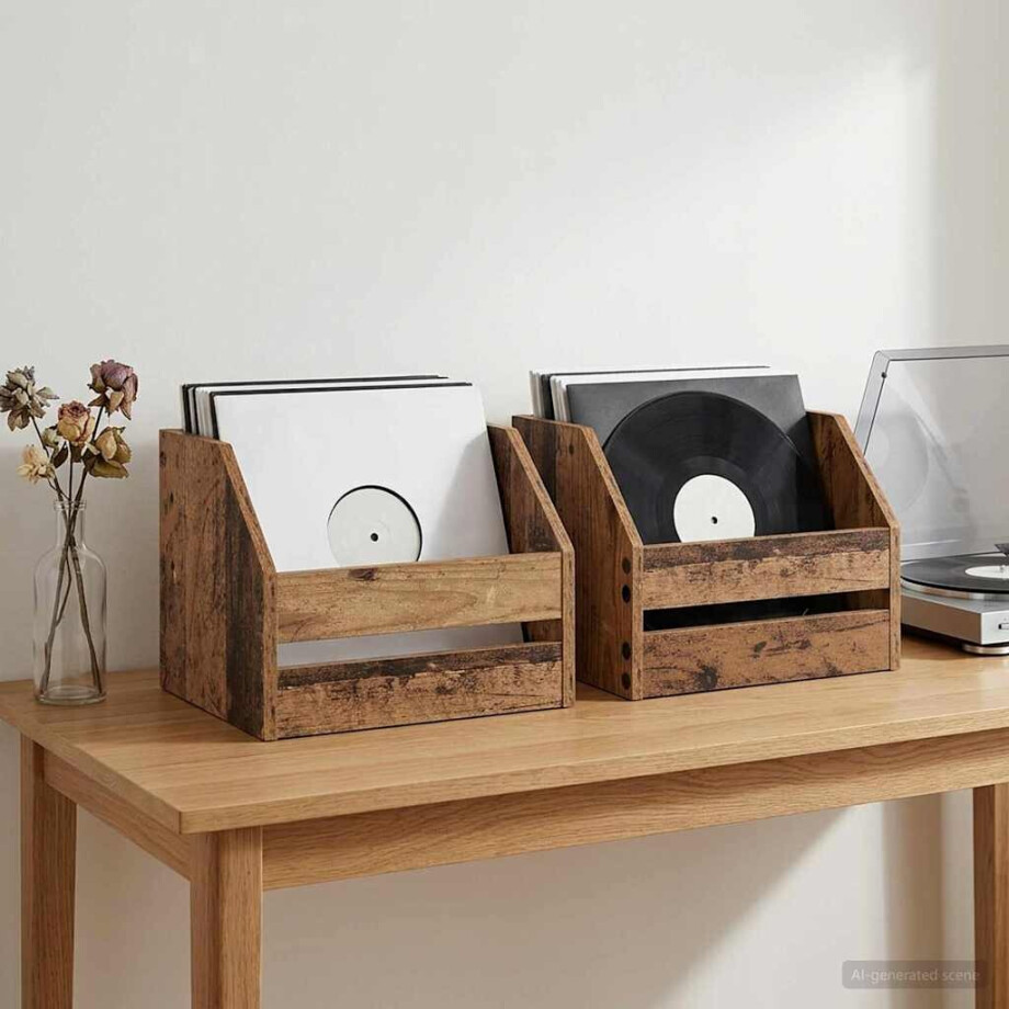 vidaXL Vinyl Album Doos 2 st Eikenhout 38 x 30 x 29 cm Bewerkt hout afbeelding 1