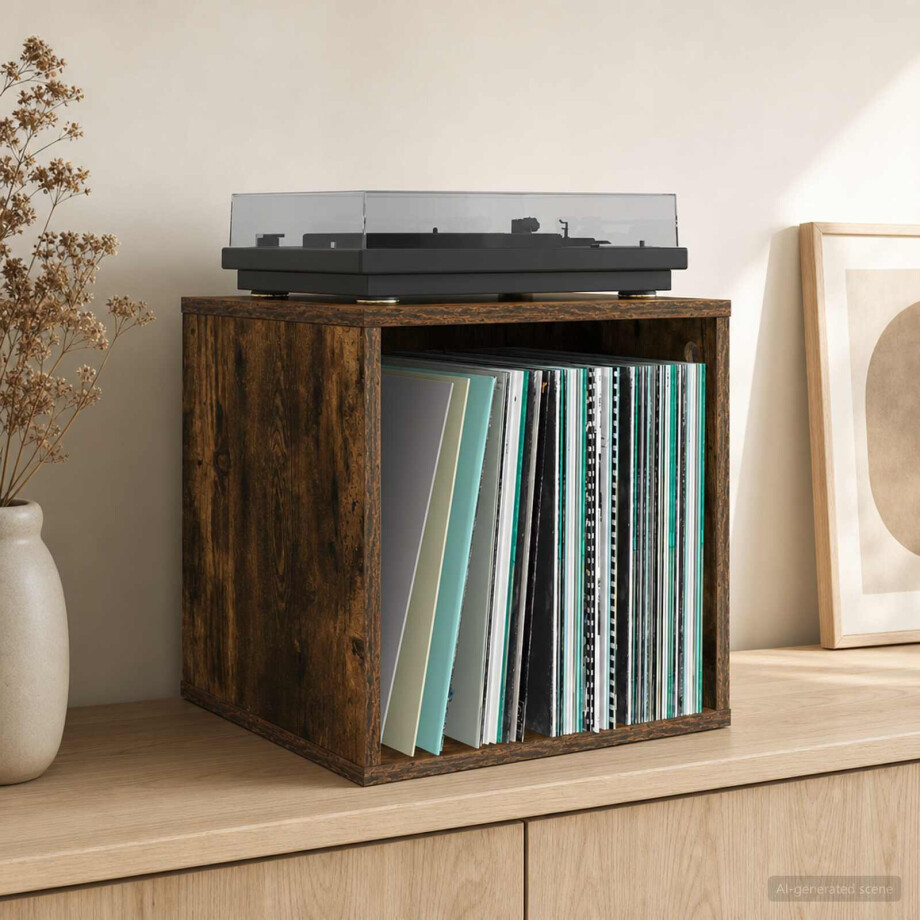vidaXL Vinyl Album Doos Gerookt eiken 37 x 36,5 x 38 cm Bewerkt hout afbeelding 1