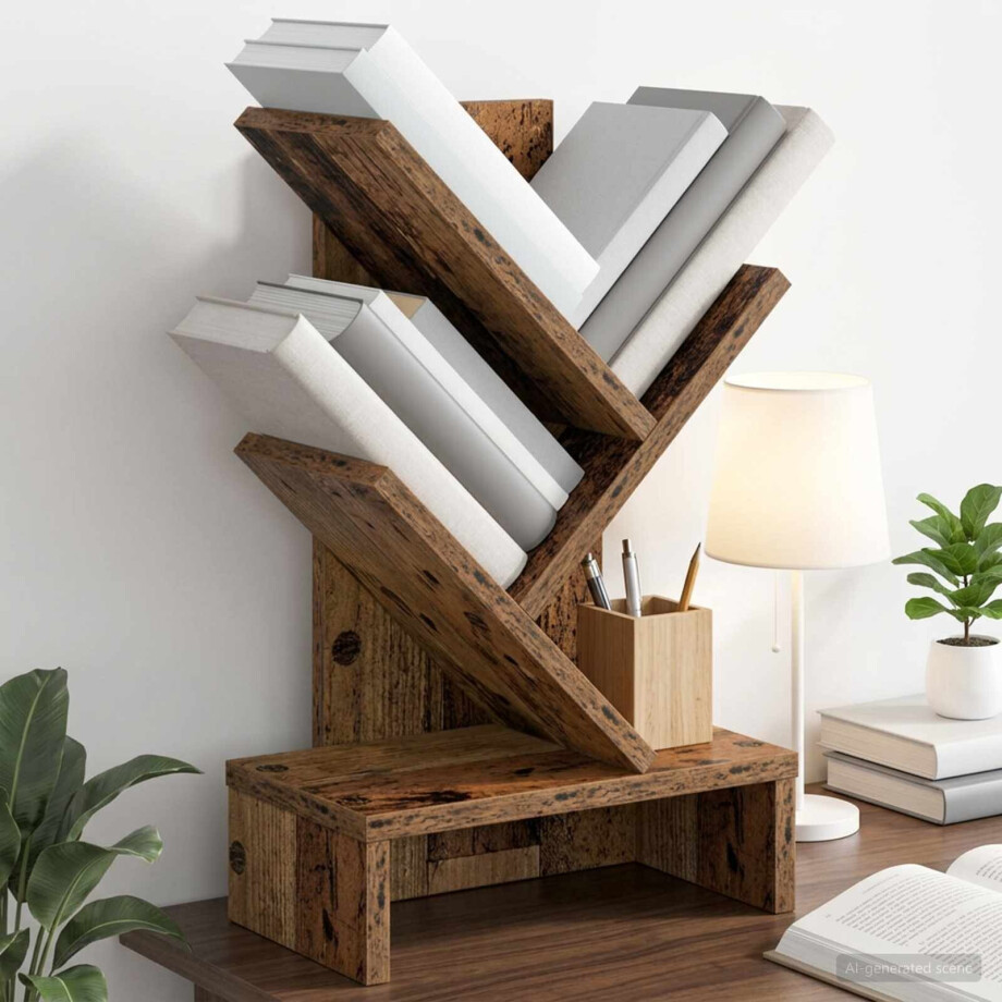 vidaXL Boomvormige boekenplank met 3 planken 30 x 18 x 48 cm Oud hout afbeelding 1