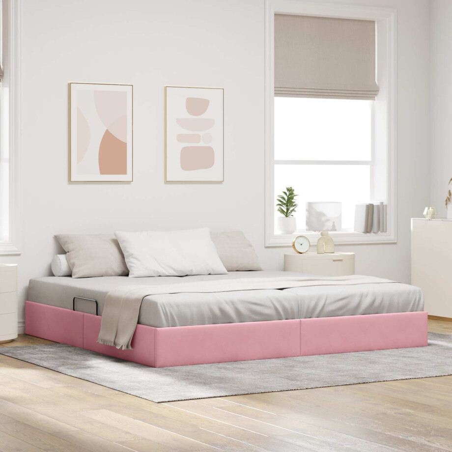 vidaXL Opslag bed met hoofdeinde met opslag Roze 200 x 200 cm Fluweel afbeelding 1
