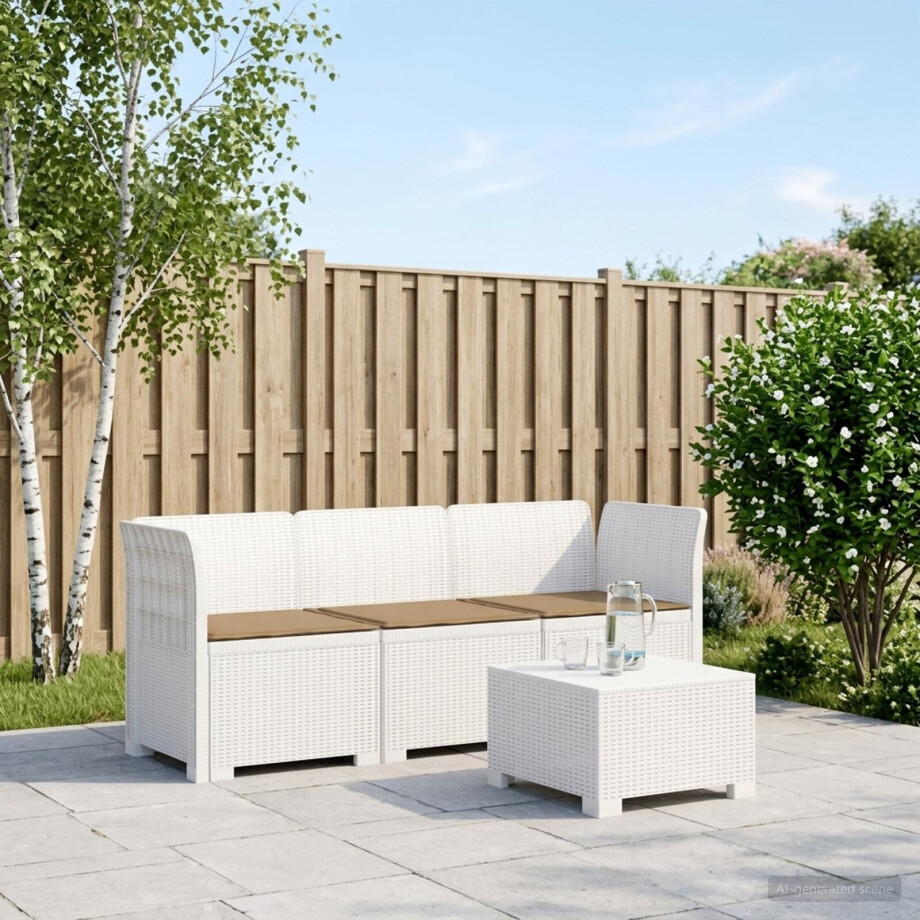 vidaXL 3-zits tuinbank met kussens in rattanlook PP Wit afbeelding 1