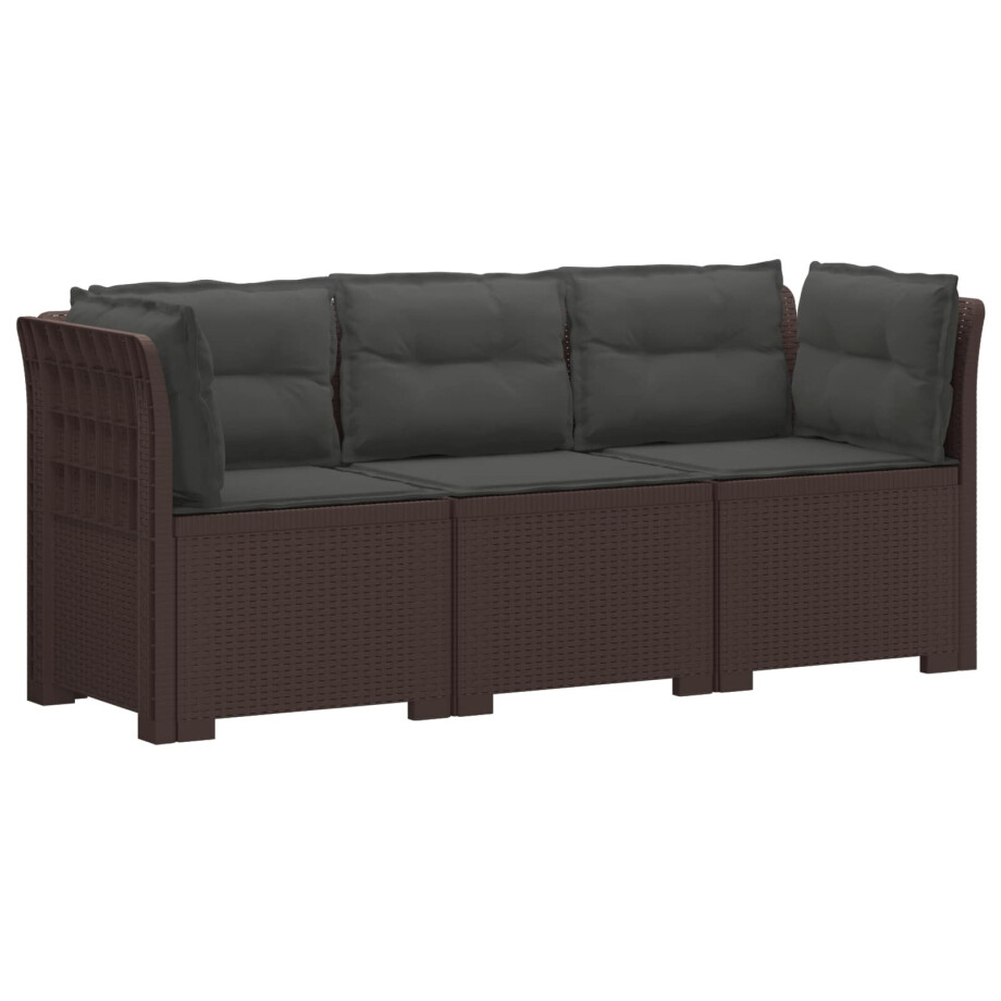 vidaXL 3-zits tuinbank met kussens in rattanlook PP Bruin afbeelding 1