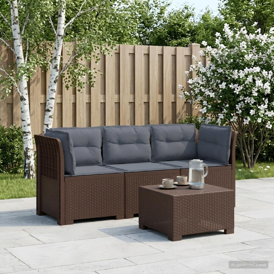 vidaXL 3-zits tuinbank met kussens in rattanlook PP Bruin afbeelding 1