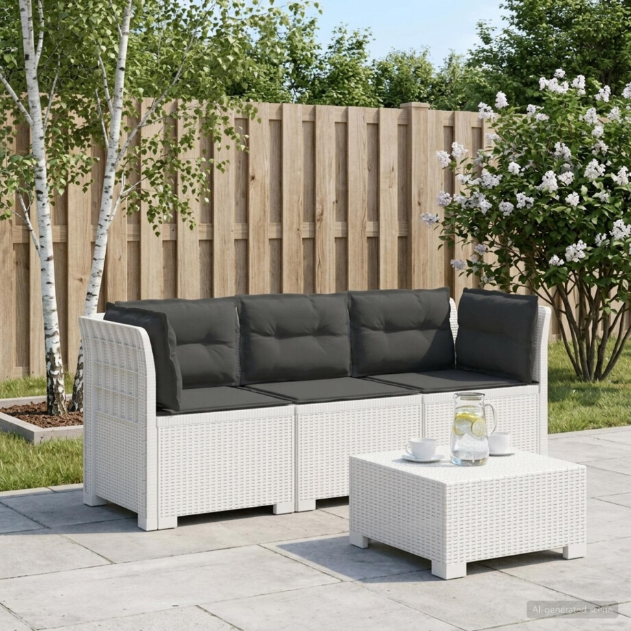vidaXL 3-zits tuinbank met kussens in rattanlook PP Wit afbeelding 1