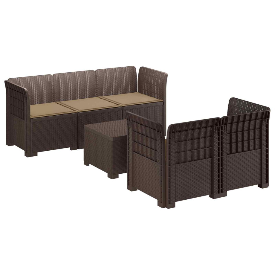 vidaXL 5-Zits Tuin Sofa met Kussens Rattan Look PP Bruin afbeelding 1
