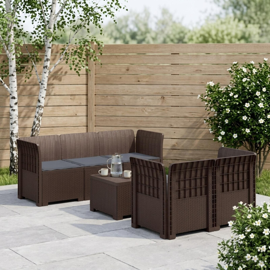 vidaXL 5-Zits Tuin Sofa met Kussens Rattan Look PP Bruin afbeelding 1