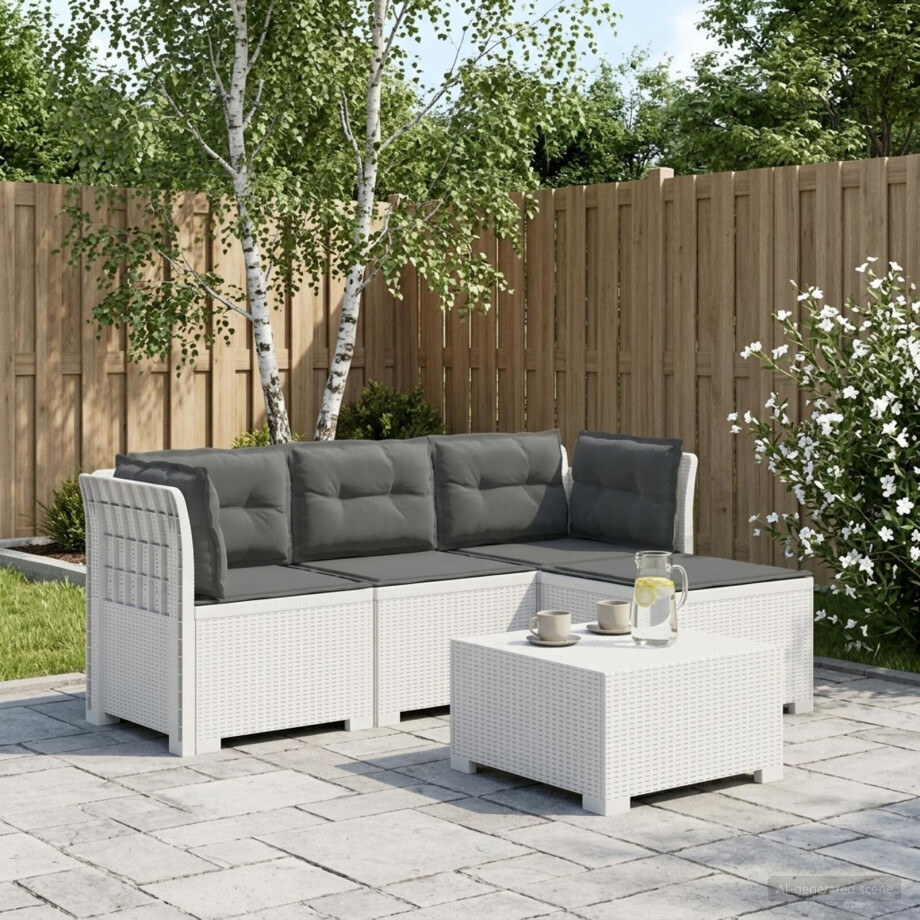 vidaXL 4-Persoons Tuinbank met Kussens Rieten Look PP Wit afbeelding 1