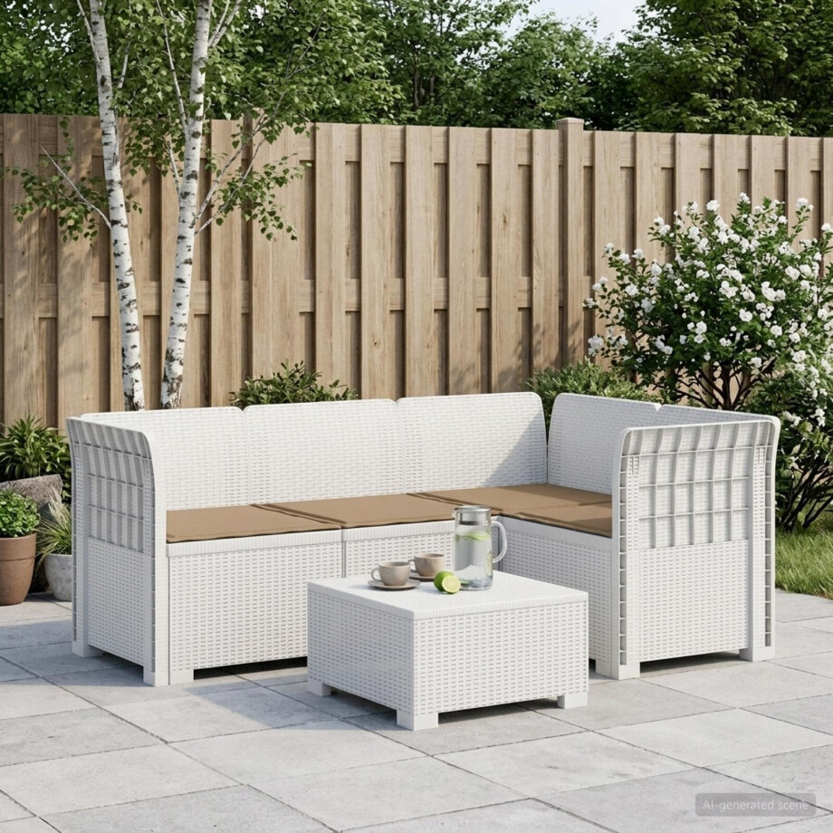 vidaXL 4-Zits Tuin Sofa met Kussens Rattan Look PP Wit vidaXL 4-Zits Tuin Sofa met Kussens Rattan Look PP Wit afbeelding 1