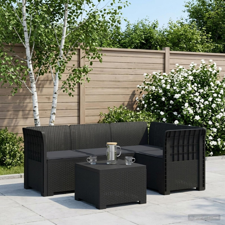 vidaXL 4-Persoons Tuinbank met Kussens Rieten Look PP Antraciet vidaXL 4-Persoons Tuinbank met Kussens Rieten Look PP Antraciet afbeelding 1