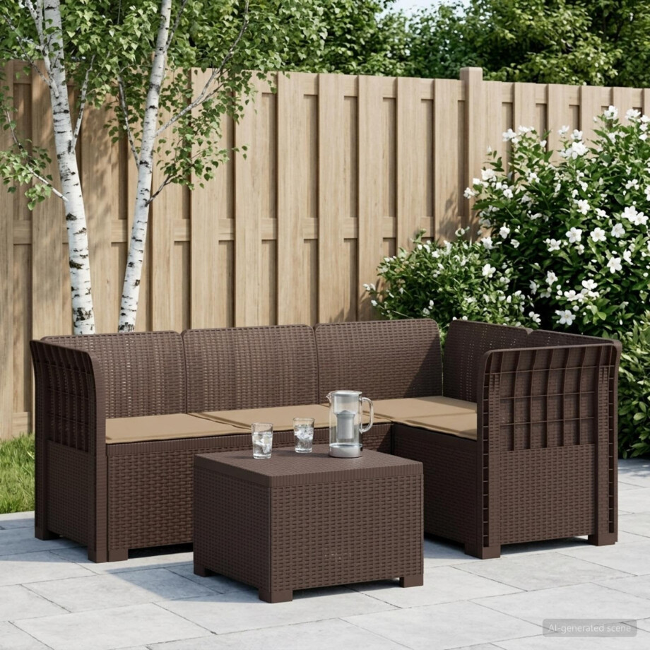 vidaXL 4-Persoons Tuinbank met Kussens Rieten Look PP Bruin afbeelding 1