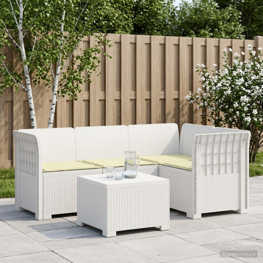 vidaXL 4-Persoons Tuinbank met Kussens Rieten Look PP Wit afbeelding 1