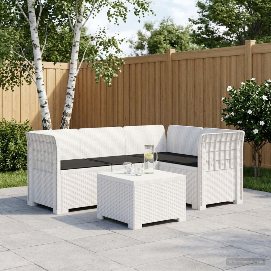 vidaXL 4-Persoons Tuinbank met Kussens Rieten Look PP Wit afbeelding 1