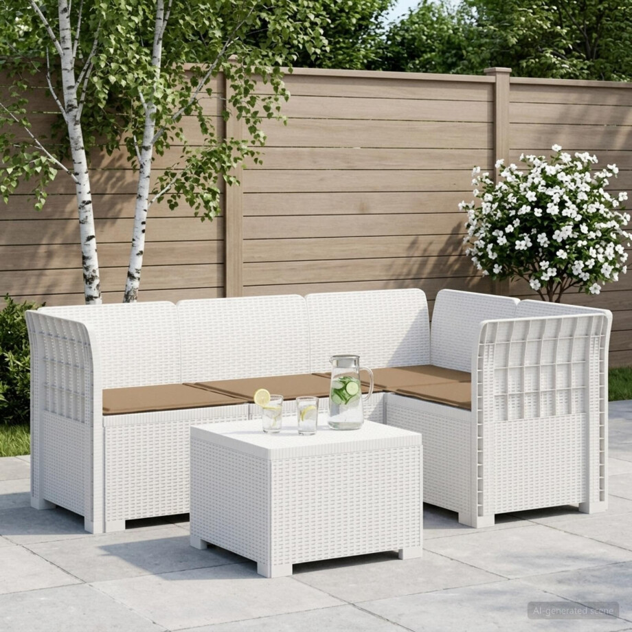 vidaXL 4-Persoons Tuinbank met Kussens Rieten Look PP Wit afbeelding 1